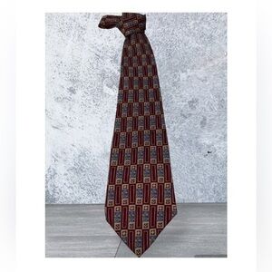 Mara 100% Silk Burgundy Tan & Blue Classic Print Tie 4” Like New